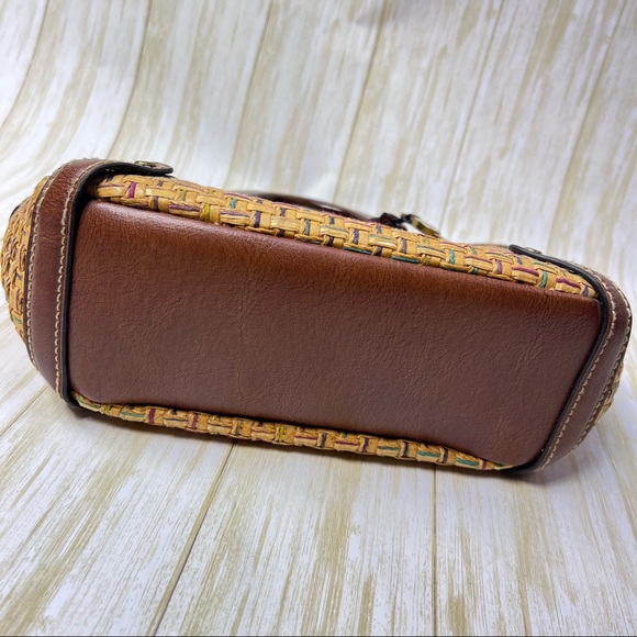 Fossil Woven Wood Handle Leather Detailed Hand Bag w/ Multi Color InnerWoven - Picture 11 of 17